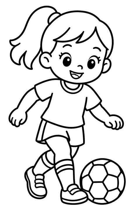 Girl dribbling a soccer ball coloring page
