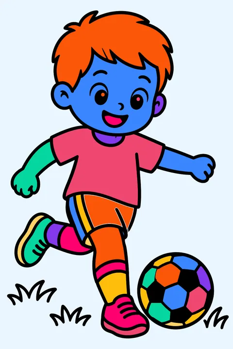 Kid kicking a soccer ball on a field coloring page