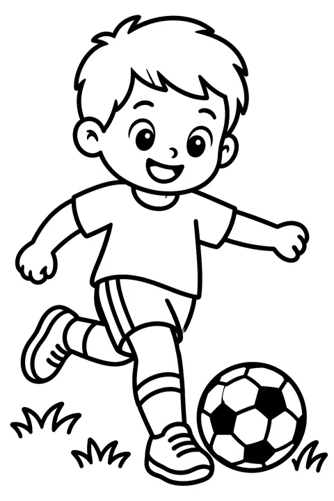 Kid kicking a soccer ball on a field coloring page