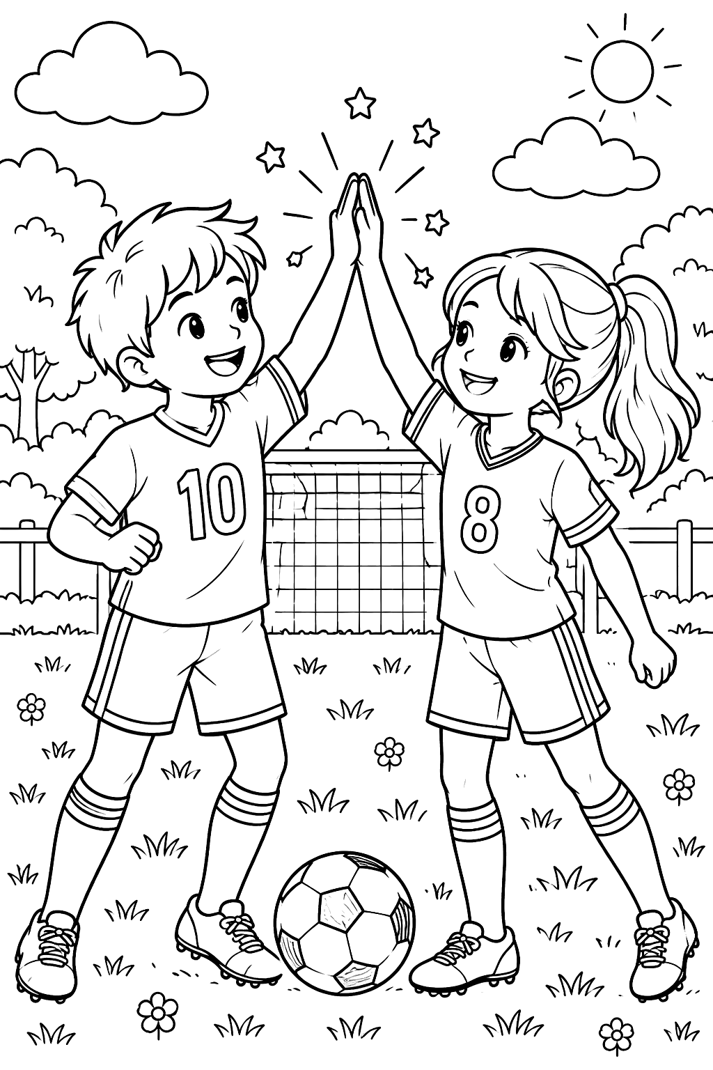 Kids high five after a game coloring page