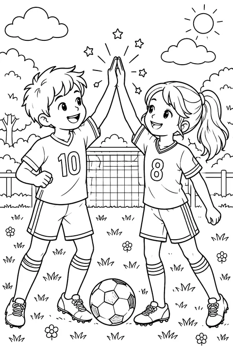 Kids high five after a game coloring page