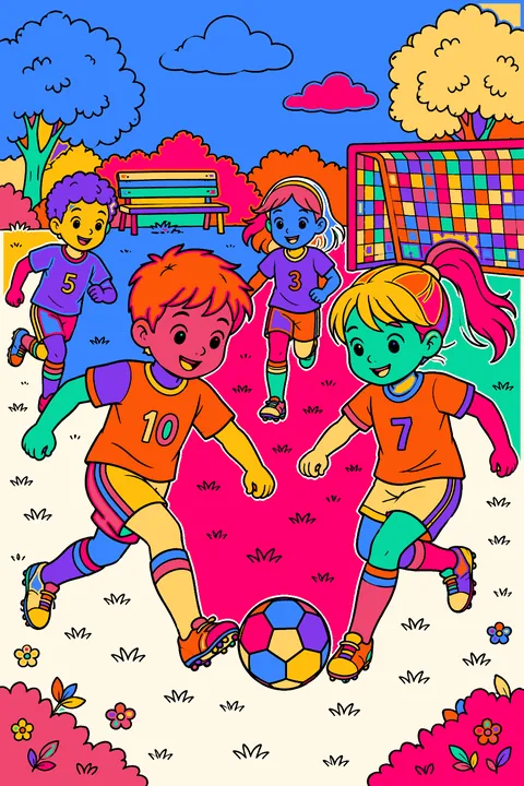 Kids playing soccer in a park coloring page