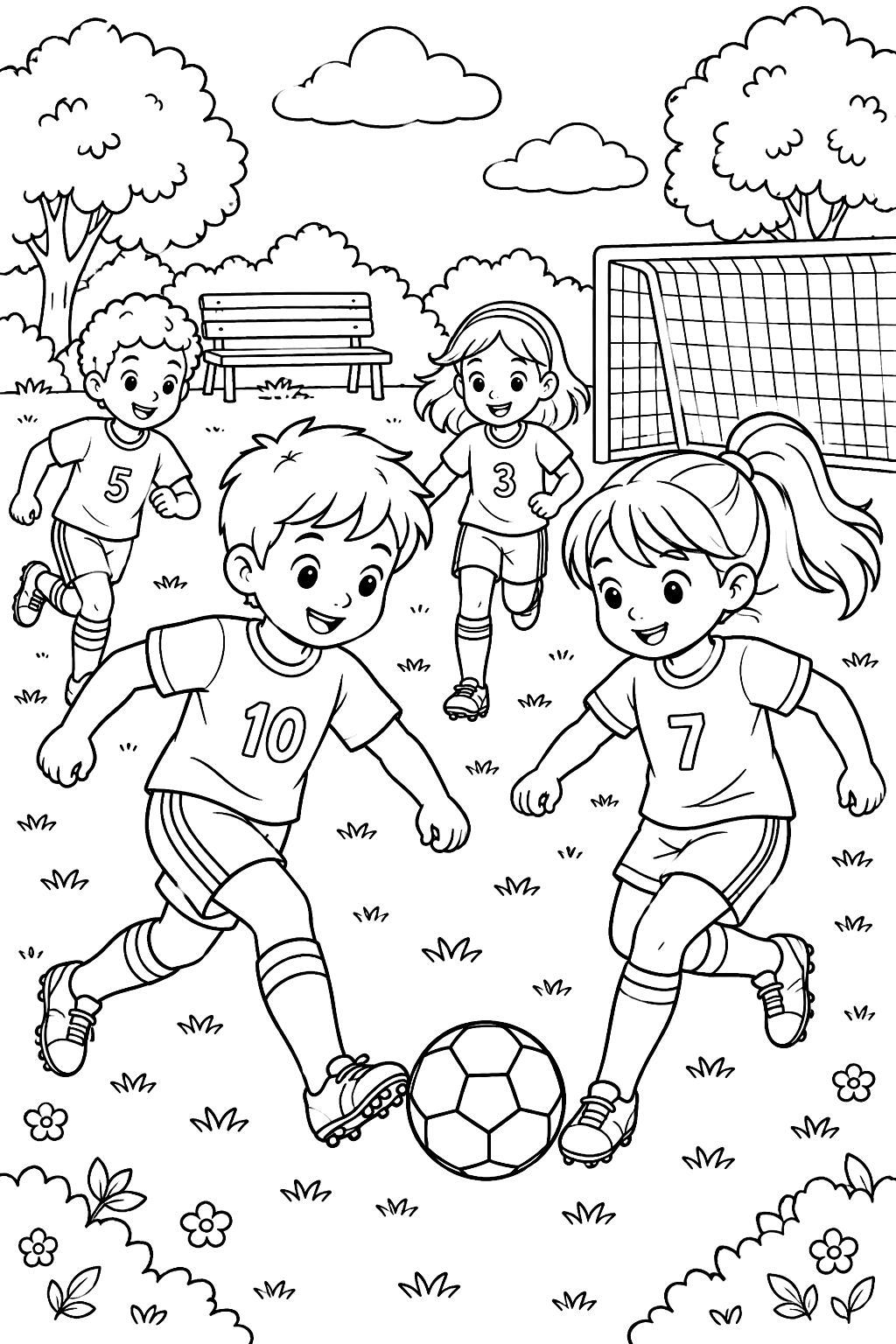 Kids playing soccer in a park coloring page