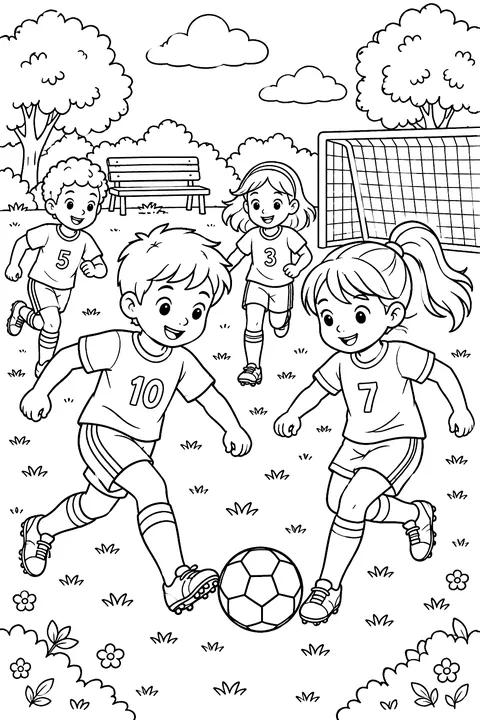 Kids playing soccer in a park coloring page