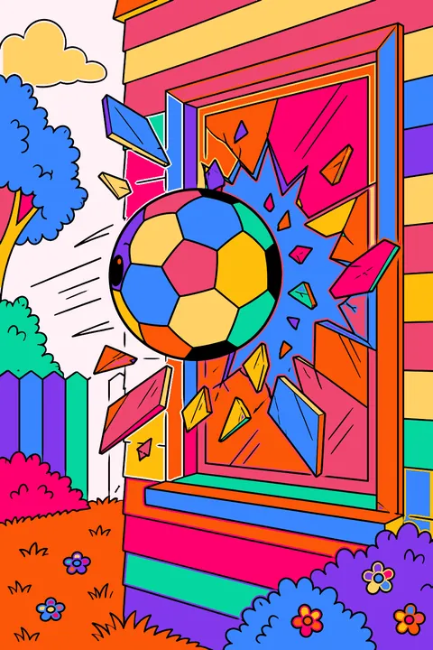 Soccer ball breaking through a window coloring page