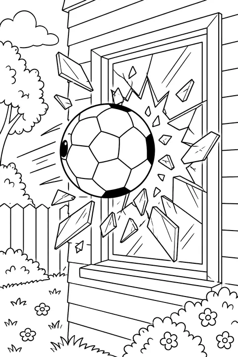 Soccer ball breaking through a window coloring page