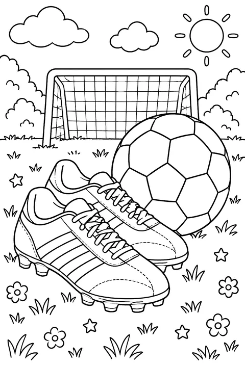 Soccer cleats and ball coloring page