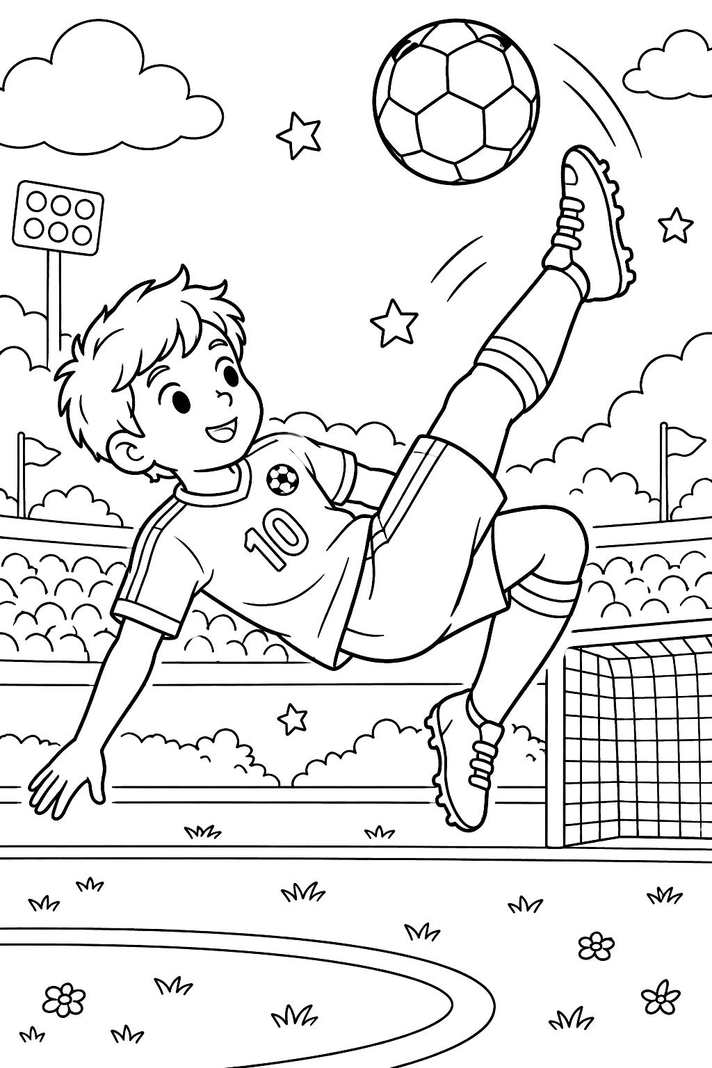 Soccer player bicycle kick coloring page