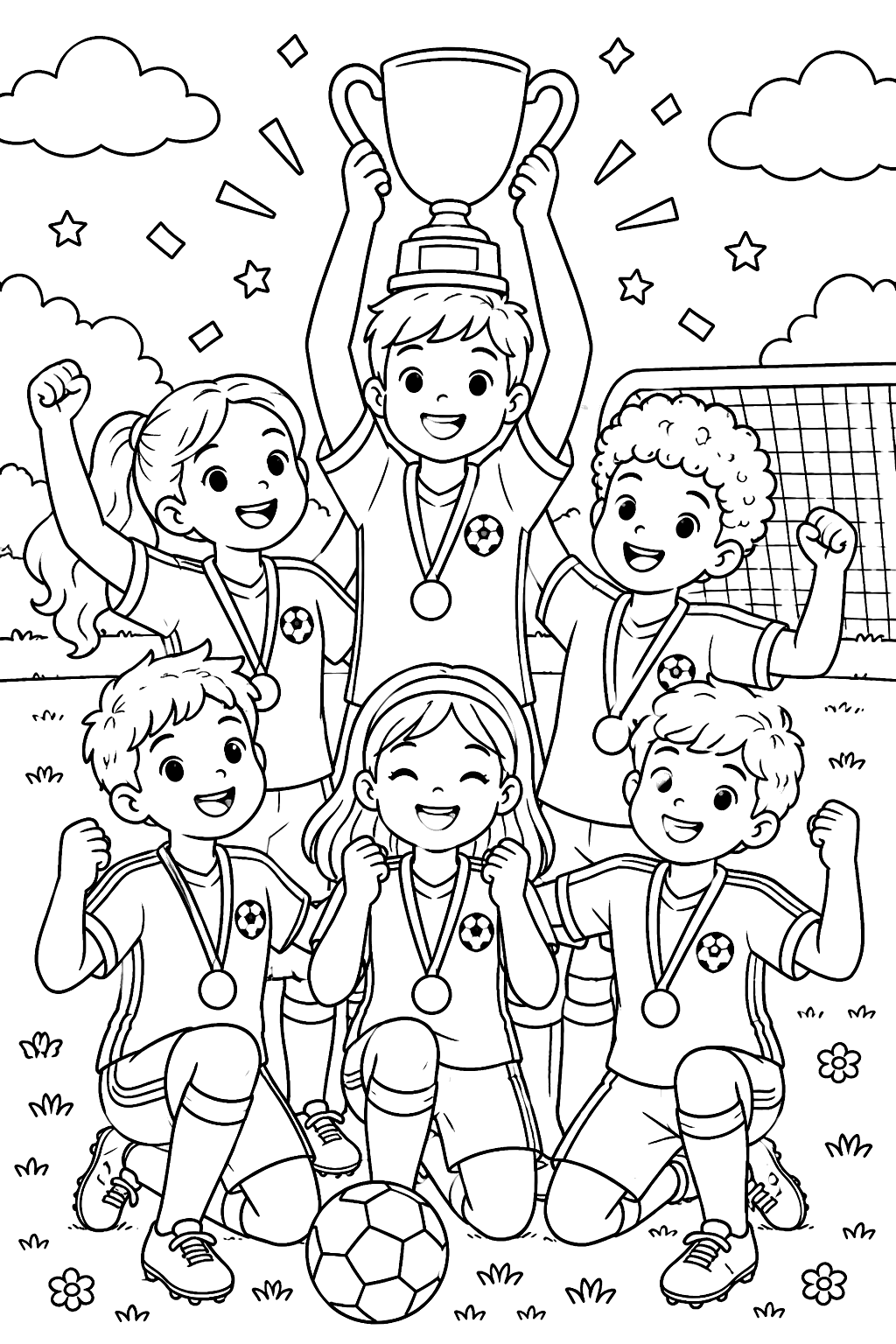 Soccer team celebrating with a trophy coloring page