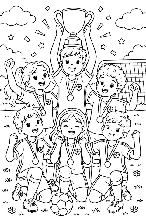 Soccer team celebrating with a trophy coloring page