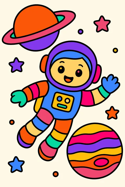 Astronaut floating near Saturn and Jupiter coloring page