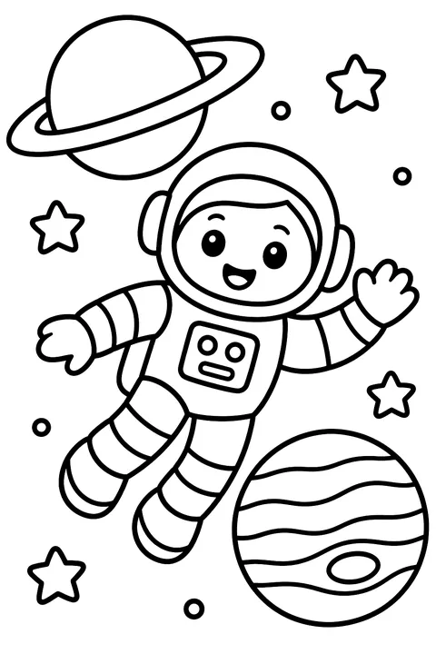 Astronaut floating near Saturn and Jupiter coloring page