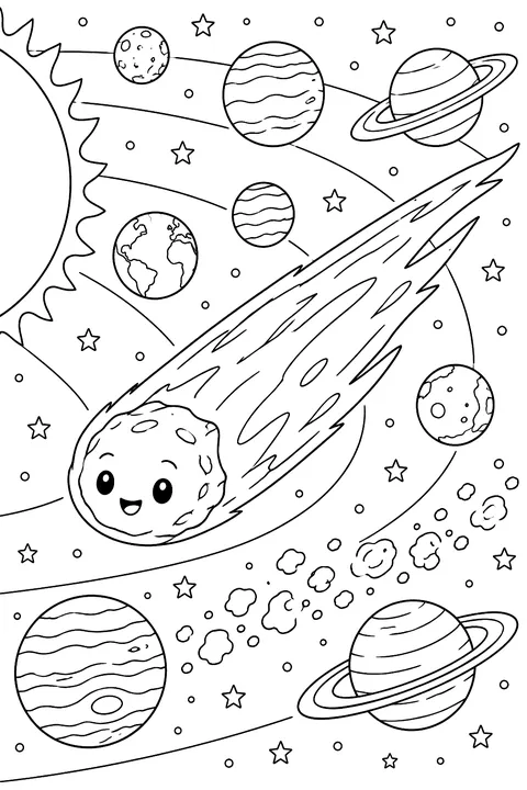 Comet passing through the solar system coloring page
