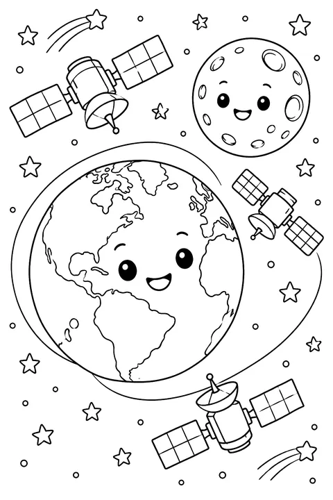 Earth and moon with satellites coloring page