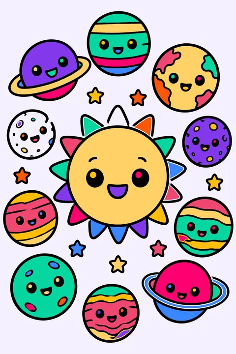 Kawaii planets with happy faces around the sun coloring page