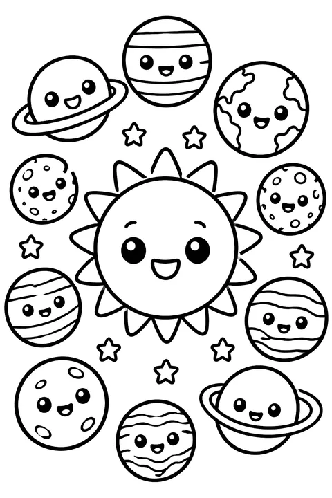 Kawaii planets with happy faces around the sun coloring page