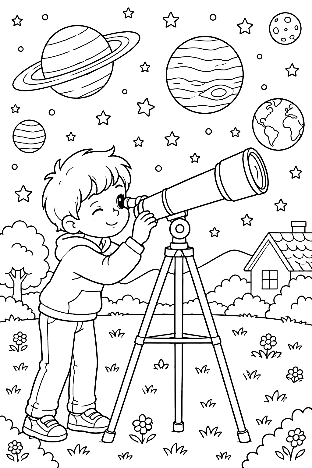 Kid looking at planets through a telescope coloring page