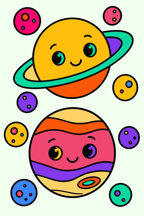 Outer planets Neptune and Uranus with moons coloring page