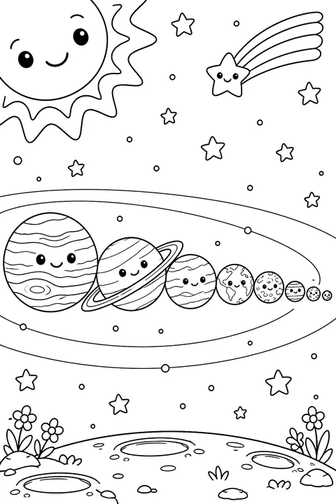 Planets lined up in a row by size coloring page