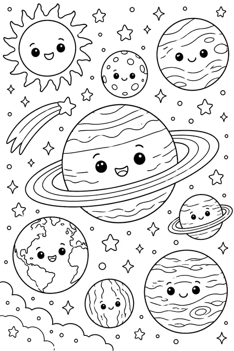 Planets with patterns and stars coloring page