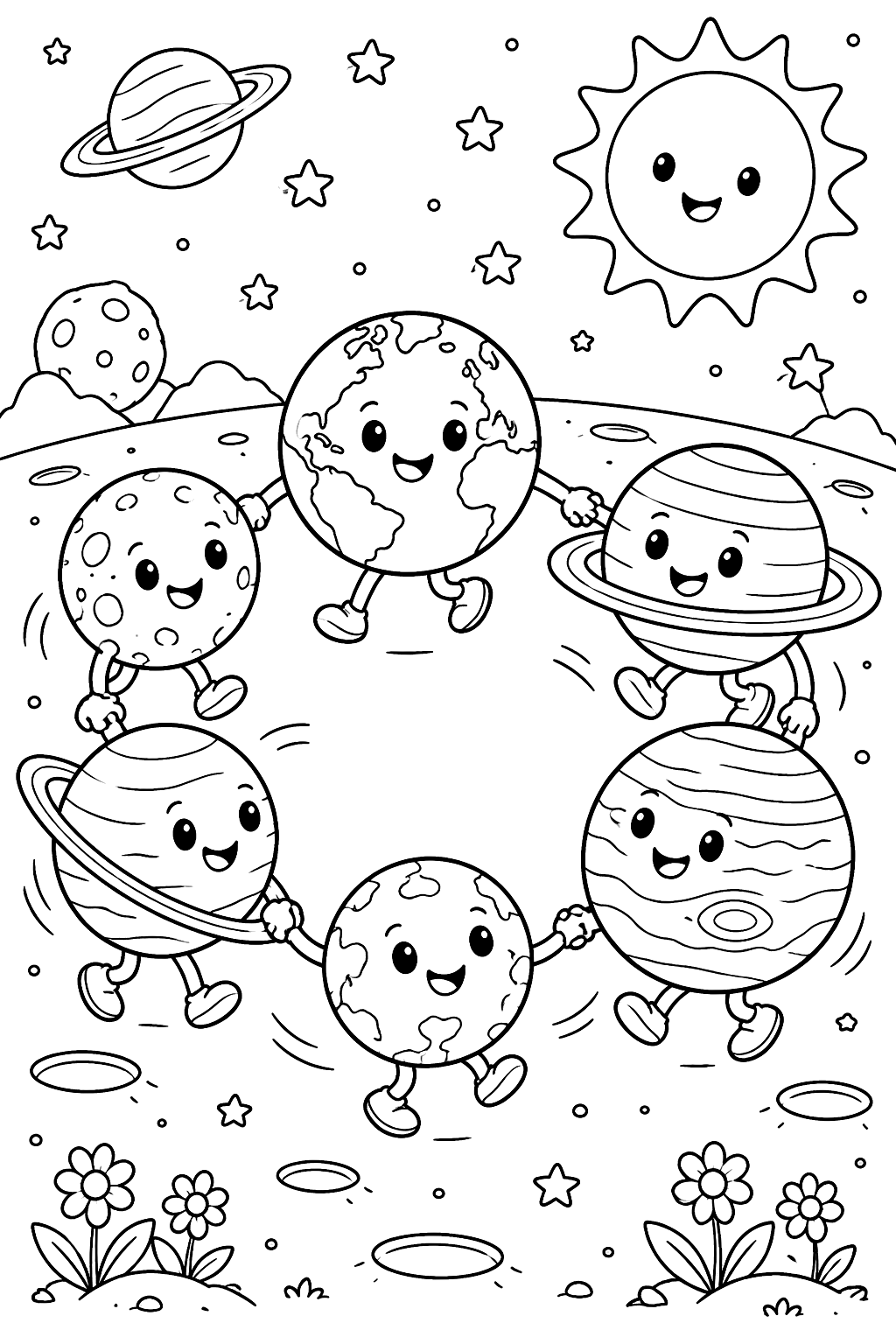 Planets playing ring-around-the-rosie coloring page