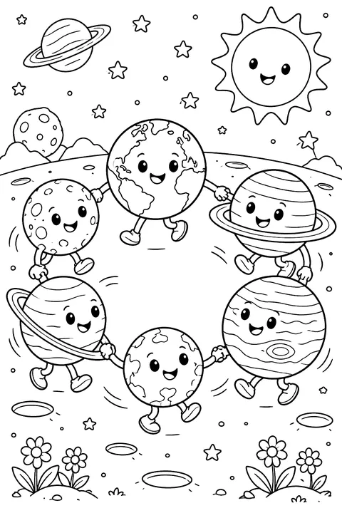 Planets playing ring-around-the-rosie coloring page