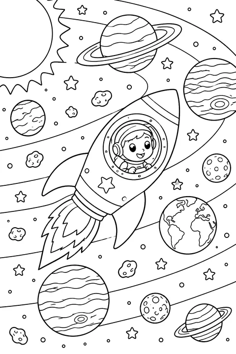 Rocket touring the solar system coloring page