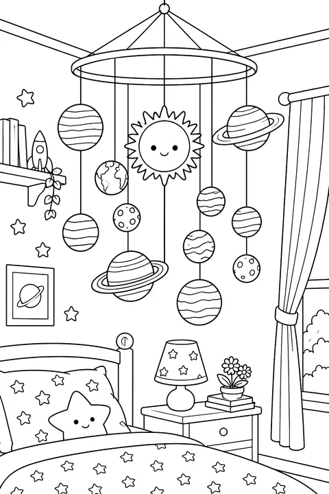 Solar system mobile hanging in a bedroom coloring page