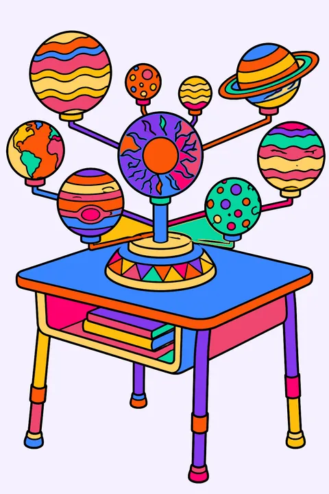 Solar system model on a school desk coloring page