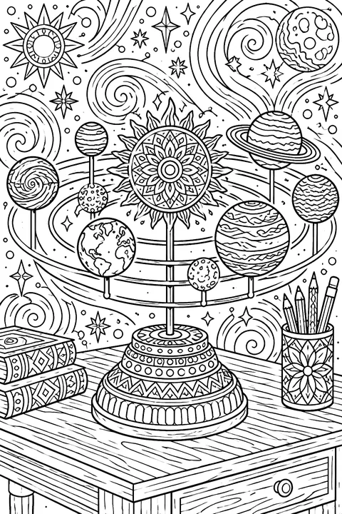 Solar system model on a school desk coloring page