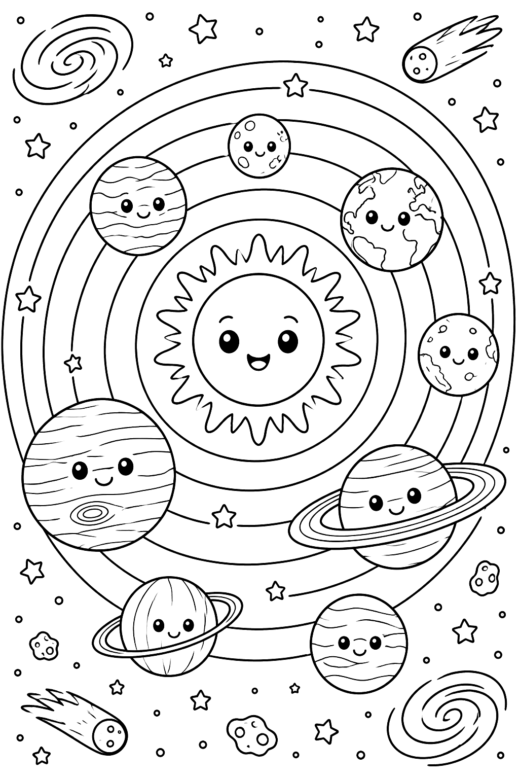 Solar system with the sun and eight planets in orbit coloring page