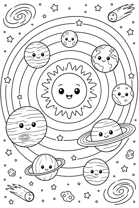 Solar system with the sun and eight planets in orbit coloring page