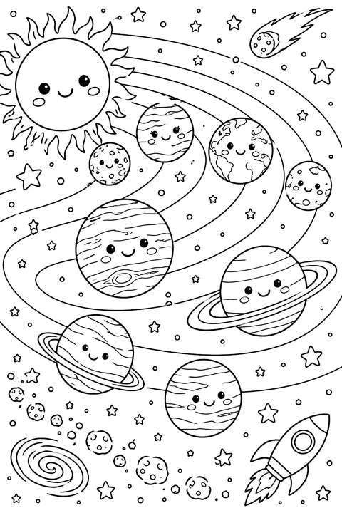 Solar system with swirling orbits and stars coloring page