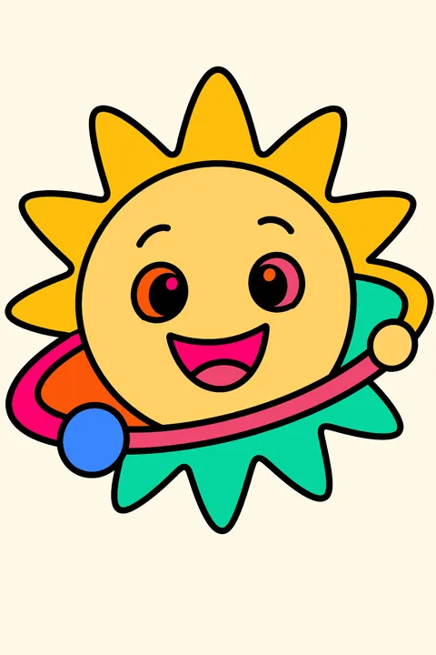 Sun with a big smile and orbit lines coloring page