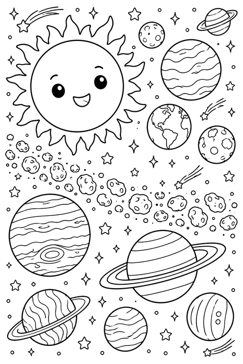 Sun with planets and an asteroid belt coloring page