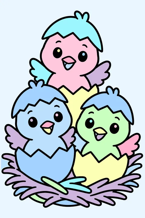 Three baby chicks hatching from eggs in a straw nest coloring page