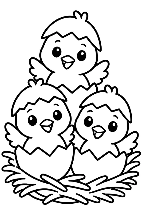 Three baby chicks hatching from eggs in a straw nest coloring page