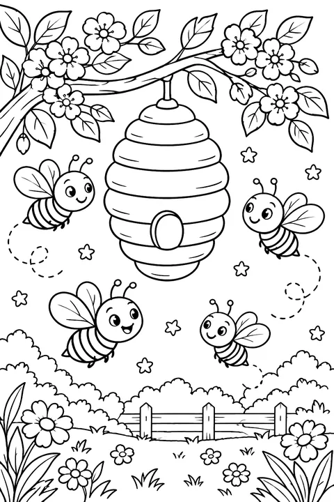Happy bees flying around a beehive hanging from a flowering branch coloring page