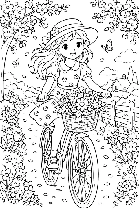 A girl riding a bicycle with a flower basket along a path lined with blossoms coloring page