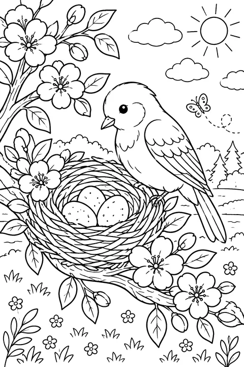 A bird nest with eggs on a blossoming branch and a mother bird coloring page