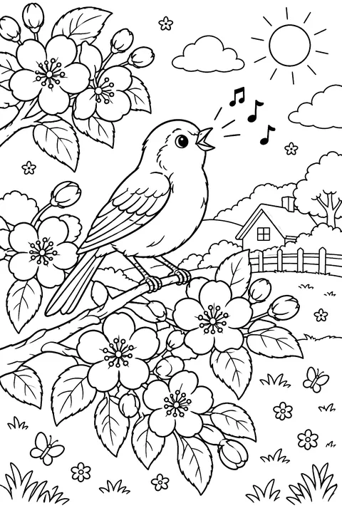 A branch of apple blossoms with a bird singing coloring page