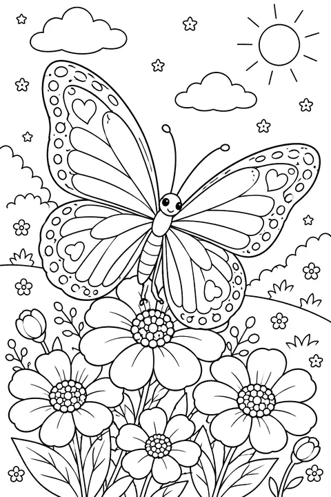 A large butterfly with patterned wings over a cluster of flowers coloring page