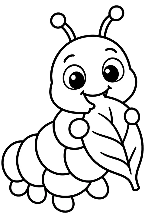 A smiling caterpillar munching on a leaf coloring page