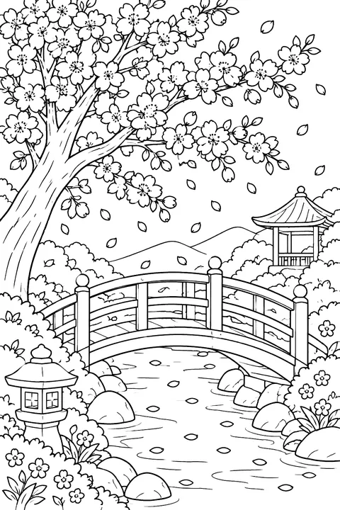 A cherry blossom tree in full bloom with petals falling over a small bridge coloring page