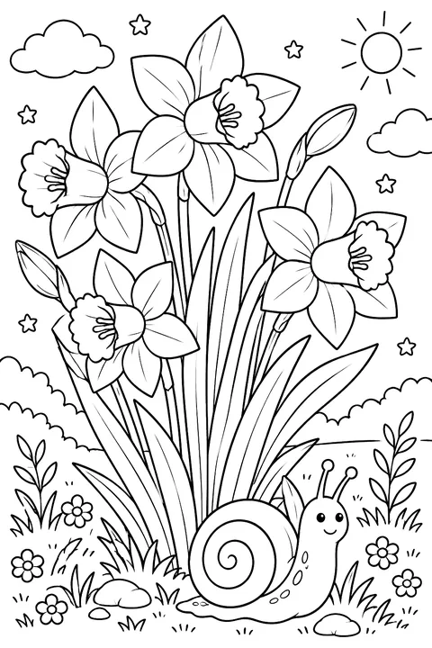 A cluster of daffodils with a snail at the bottom coloring page