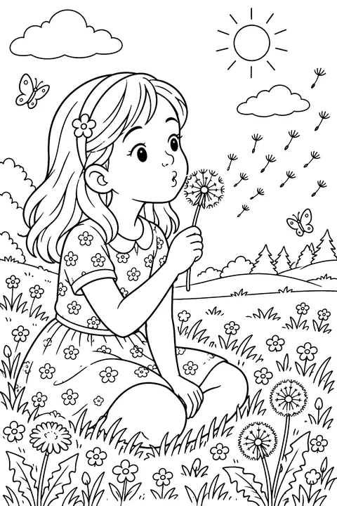 A child blowing dandelion seeds in a meadow coloring page