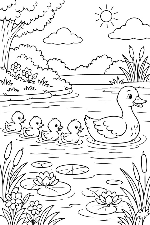 A mother duck leading her ducklings across a pond coloring page