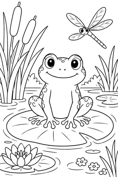 A frog sitting on a lily pad in a pond with cattails and a dragonfly coloring page