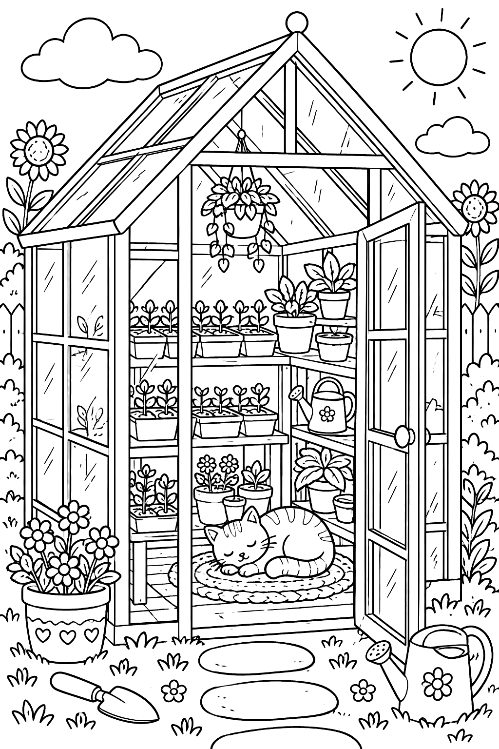 A small greenhouse with seedlings, pots and a cat sleeping inside coloring page
