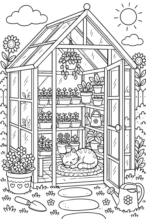 A small greenhouse with seedlings, pots and a cat sleeping inside coloring page